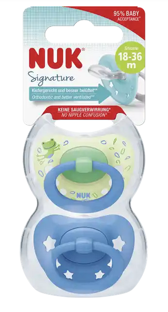NUK Signature Silikon-Schnuller, blau & grün, 18-36 Monate