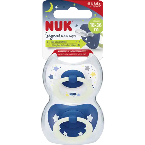 NUK Signature Night Silikon-Schnuller, blau & weiß, 18-36 Monate