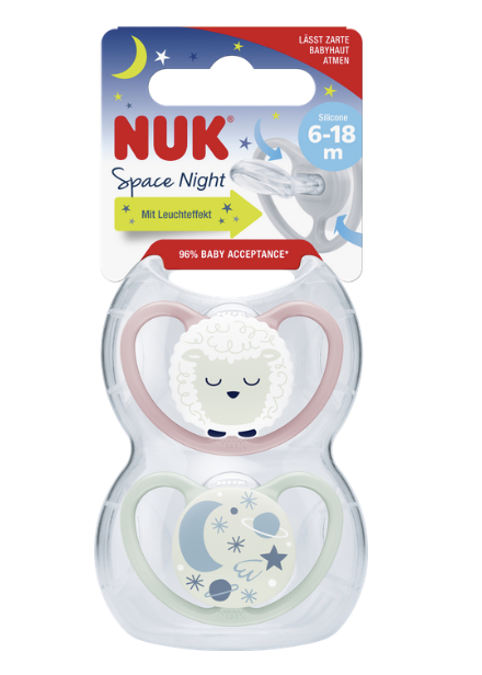 NUK Space Night Silikon-Schnuller, rosa & mint, 6-18 Monate