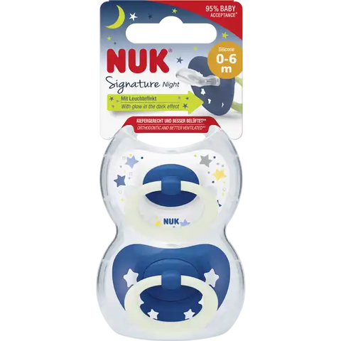 NUK Signature Night Silikon-Schnuller, blau & weiß, 0-6 Monate