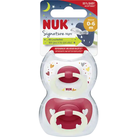 NUK Signature Night Silikon-Schnuller, rot & weiß, 0-6 Monate
