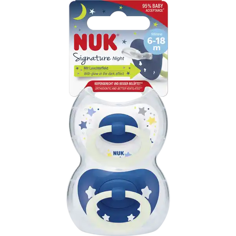 NUK Signature Night Silikon-Schnuller, blau & weiß, 6-18 Monate