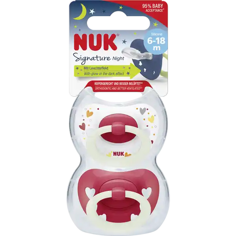 NUK Signature Night Silikon-Schnuller, rot & weiß, 6-18 Monate