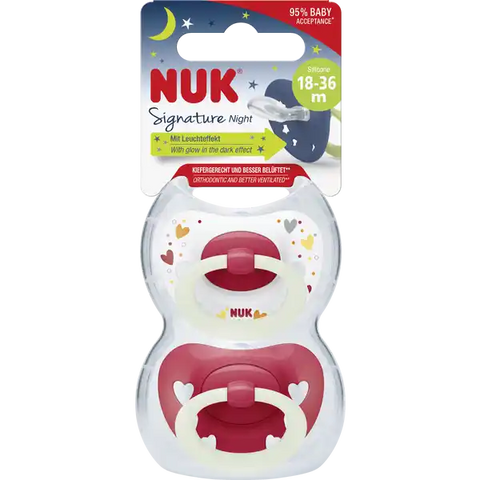 NUK Signature Night Silikon-Schnuller, rot & weiß, 18-36 Monate
