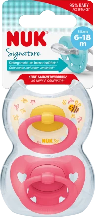 NUK Schnuller Signature Silikon, gelb/pink, 6-18 Monate, 2 St