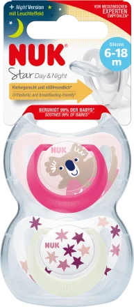 NUK Schnuller Star Day & Night Silikon, pink/weiß, Gr.2, 6-18 Monate, 2 St