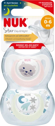 NUK Schnuller Star Day & Night Silikon, rosa/hellblau, Gr.1, 0-6 Monate, 2 St